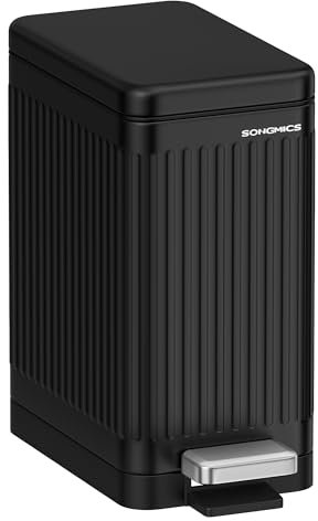 SONGMICS Kosmetikeimer, 10 Liter, Mülleimer Bad, mit Deckel, Tretmülleimer, Abfalleimer klein, schmal für kleine Räume, Stahl, Softclose, tintenschwarz LTB562B01