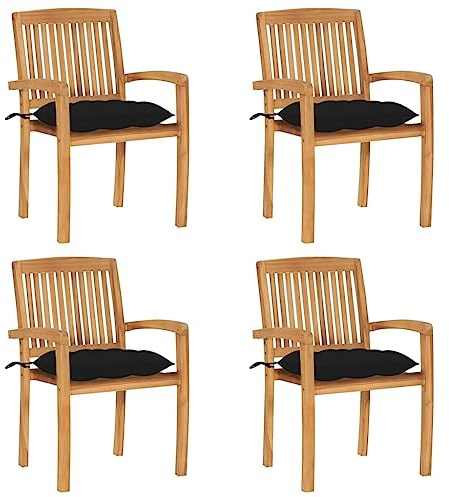 CKioict Stapelstuhl Bistrostuhl Balkonmöbel Stapelbare Gartenstühle mit Kissen 4 STK. Massivholz Teakfür Gärten, Pools, Terrassen