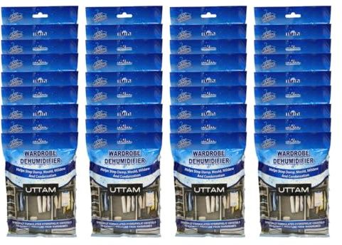 UTTAM Wardrobe Dehumidifier Hanging Bags Bulk Pack, Condensation, Dehumidifiers for Damp, Mould, Moisture Absorbers, Bedroom, Caravan, Bathroom, Basement, Office (210g Each) (Pack of 18)