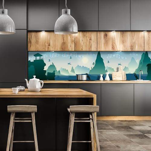 wandmotiv24 Küchenrückwand chinesische Landschaft Natur 160 x 60cm (B x H) - Selbstklebende PET-Folie Nischenrückwand, Spritzschutz, Fliesenspiegel-Ersatz, Deko Küche M0181