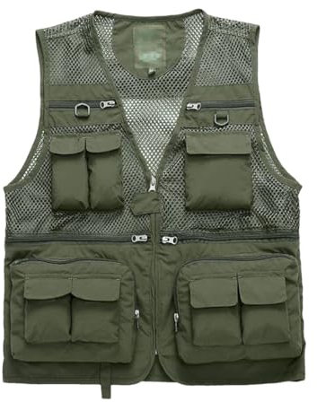 Herren-Weste, Sommer-Angelweste mit mehreren Taschen, für Outdoor-Reisen, Netzstoff, ärmellos, Armee EN8, XXL