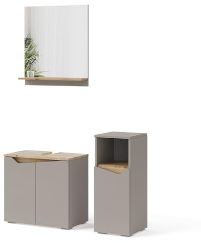 Vicco Badmöbel-Set Marelle, Greige, 60 cm | besteht aus Waschbeckenunterschrank, Spiegelschrank und Midischrank