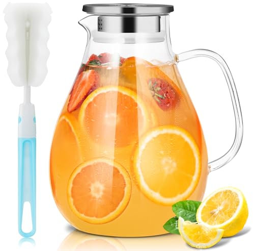 SUSTEAS 2.5 Liter 75oz Water Jugs with Lids, Glass Jug and Wide Handle, Easy Clean Pitcher Jug for Fridge, Beverage Water Carafe for Cold/Hot Water, Iced Tea, 1 Long-Handled Brush Included