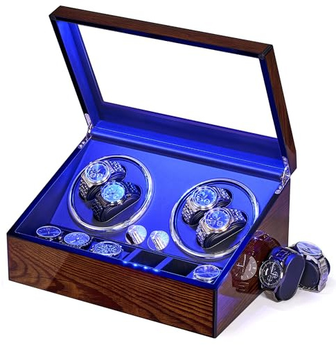 BEWISHOME Watch Winders for Automatic Watches, Automatic Watch Winder Box Watch Spinner with LED Light, 4 Watch Winder with Quiet Running Motor and 6 Storage Case for Man/Woman's Watches, BrownESYQ01Y