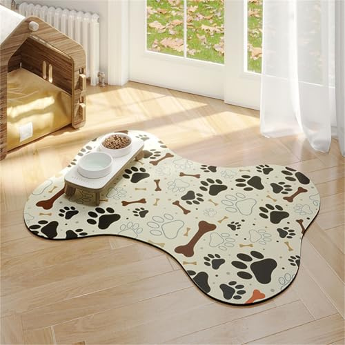 Hearda Futtermatte Hund Saugfähig, Knochen Form Katzen Futternapf Unterlage Napfunterlage Hund Futternapf Matte rutschfest Haustier Futtermatte Unterlage Katzennapf (50x70cm,Beige)