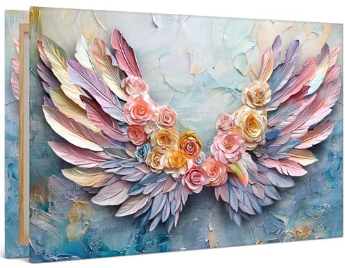 WENGTIAO Roses Ailes d'ange Tableau Decoration Murale Encadré Toile Peinture Ailes et Fleurs Colorées Decoration Murale Salon Maison Deco Chambre Prêt à Accrocher 90x60 cm