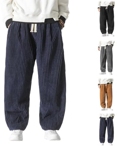 MEIION kirakuco Masaaki - Pantalon en Velours côtelé pour Homme - Coupe Ample et décontractée - Extensible - Taille élastique - Cordon de Serrage - Confortable et Tendance