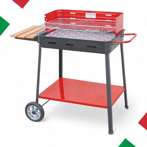 Briconess.com Barbecue BBQ a carbonella con Ruote griglia Regolabile Acciaio Verniciato smaltato ripiano Laterale Legno 60x40x85cm