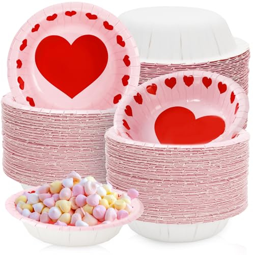 Whaline 100Pcs Valentine Paper Bowls Pink Red Heart Disposable Serving Bowls Love Heart Ice Cream Bowl for Valentine's Day Wedding Party Supplies