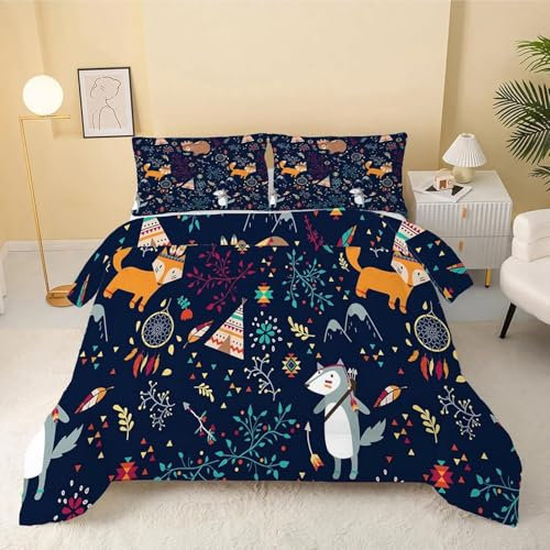 Bettdecke 200x220 Ohne Bezug Nutzbar, Blumen Tiere Füchse Bettdecken Waschbar Ganzjahresdecke Kinder 4 Jahreszeiten Steppdecke, Bettzeug Microfaser mit 2 Kissenbezug für Sommer Winter Doppelbett