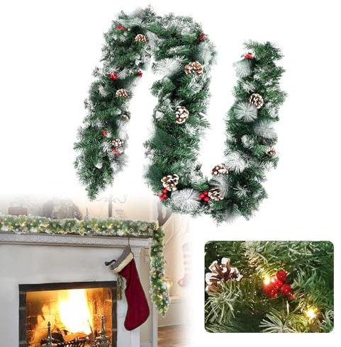LZQ Tannengirlande 8m, Girlande Weihnachten, Weihnachtsgirlande mit Lichterkette, Weihnachtsdeko Girlanden mit Roten Beeren und Tannenzapfen, für Innen und Außendekoration von Türen, Wänden,Treppen