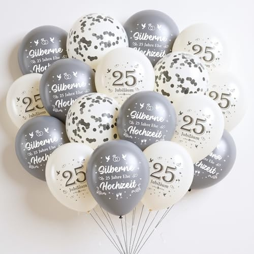 Silberhochzeit Deko Luftballons 25 Jahrestag - 36 Stück Hochzeitstag Dekoration Ballons, Silberne Weiße 25 Jubiläum Deko Latexballons Konfettiballons für Garten Hochzeit Frauen Männer