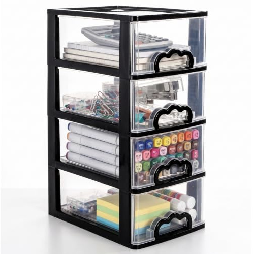 Cididu Desktop Organizer with 4 Drawers, Clear Plastic Storage Drawer Unit, Small Desk Organizer Storage Box, Durable Storage Bin Container Case for Countertop Stationery Pens Makeup Office Supplies