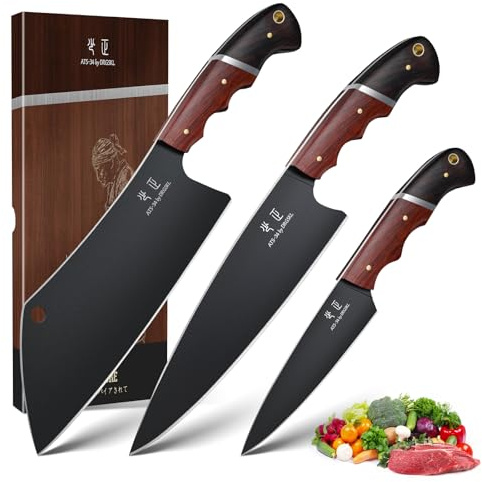 DRGSKL Japanese Chef Knife Set - 3 PCS Kitchen Utility Knife Sets for Cooking, Meat Cleaver Knives Set with Full Tang Wooden Handle, Gift for Mom