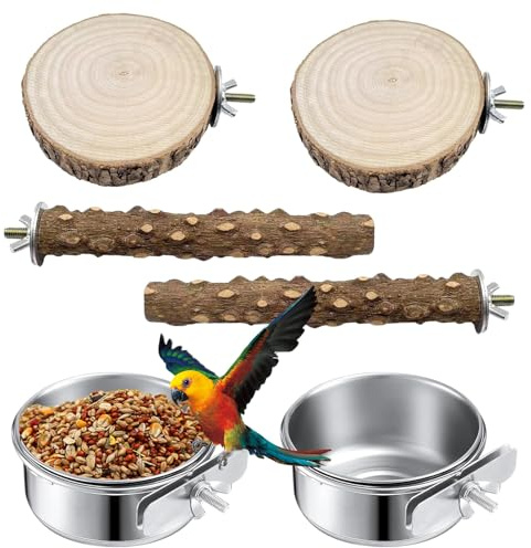 SNSYGN 6 Stück Wellensittich Zubehör, Edelstahl Futterschale Vögel Vogelspielzeug Holzständer Kanarienvogel Zubehör für Kleine Sittiche, Nymphensittiche, Sperlingspapageien