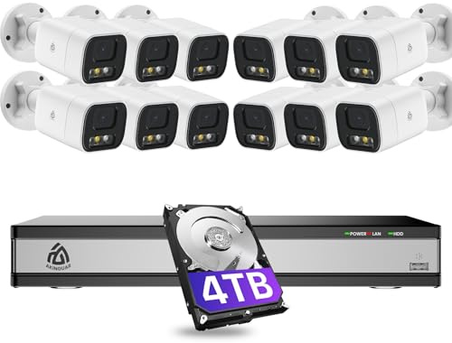 AKINGUAR 5MP PoE Kit Caméra de Surveillance Extérieure, 16CH 4To NVR et 12X 5MP Caméra IP PoE, Détection de Personne et Véhicule, 30M Vision Nocturne en Couleur, Spotlight Sirène, IP66 Étanche