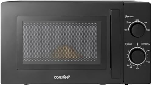 Comfee CMSN 20 bk Mikrowelle/Solo-Mikrowelle mit 5 Leistungsstufen/Innenbeleuchtung/easy Defrost/360°Drehteller/Zwei Drehregler/20L/700W/ Schwarz