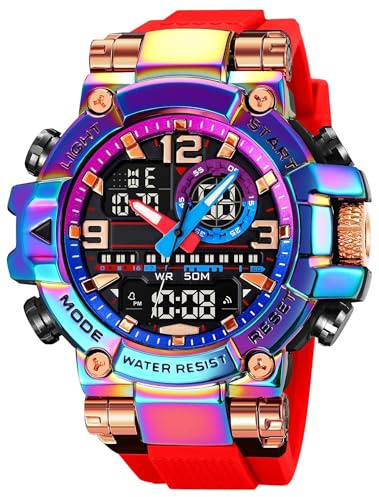 findtime Mens Watch Sport Waterproof Watches Colorful Digital Analogue Wrist Watch Military Tactical Outdoor Big Face Watches Unique Wristwatch with LED Stopwatch Countdown Alarm Dual Time