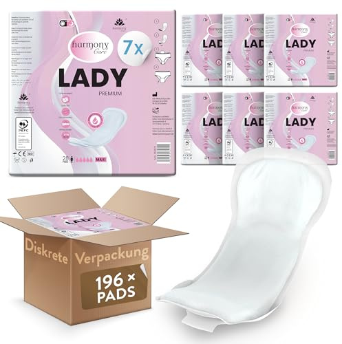Harmony Care® Lady MAXI Inkontinenzeinlagen für Damen extra stark – saugstarke Inkontinenz Einlagen bei mittlere bis starker Blasenschwäche - auslaufsichere Hygieneeinlagen für die Nacht, 7 x 28 Stück