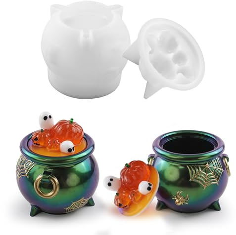Voaesdk Witch Cauldron Resin Molds, Halloween Jar Silicone Molds with Pumpkin Lid, Cute Storage Box Epoxy Molds for DIY Trinket Box, Candy Container, Candle Holder, Home Decor