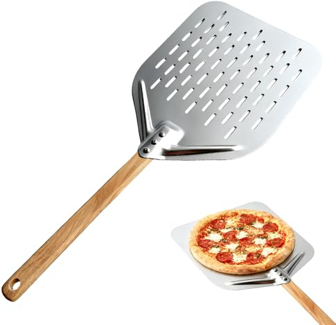 Weciau Pizza spade, 40 x 30 cm, 12 tum, perforerad pizzaspade i aluminium med stor yta och avtagbart handtag, för proffs och amatörer, silver