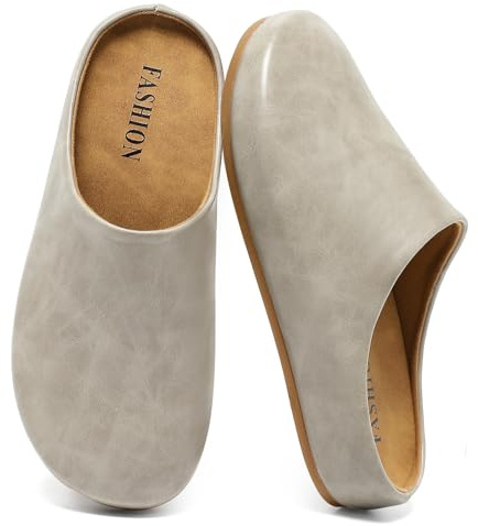 Pelbiuqik Clogs for Women Wide Width Women's Mules & Clogs Grey | Leather Mules with Soft Footbed Arch Support Slip On Shoes Potato Shoes Outdoor Indoor Slippers