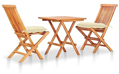 Hoopleep 3-TLG. Bistro-Set aus Massivholz Teak mit Cremeweißen Kissen, klappbar, für Garten, Terrasse, Esszimmer, robust & wetterfest