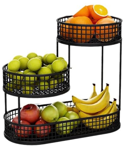Obstkorb Etagere 3 Stöckig Fruit Basket Obstschale Obstaufbewahrung für Mehr Platz auf der Arbeitsplatte - Hält Obst & Gemüse Frisch - Metall Obstständer (Schwarz, 42X32X21cm)