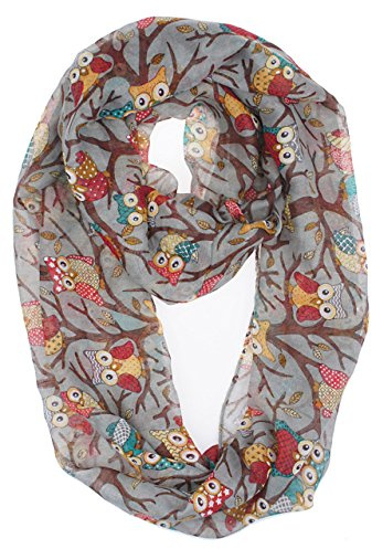 VIVIAN & VINCENT Fall Winter Soft Lightweight Owls for Christmas Trees Sheer Infinity Scarf for Women Halloween 2022 Gray