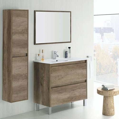 HABITMOBEL Mueble Lavabo CERÁMICO con 2 CAJONES + Espejo + Columna 2 Puertas