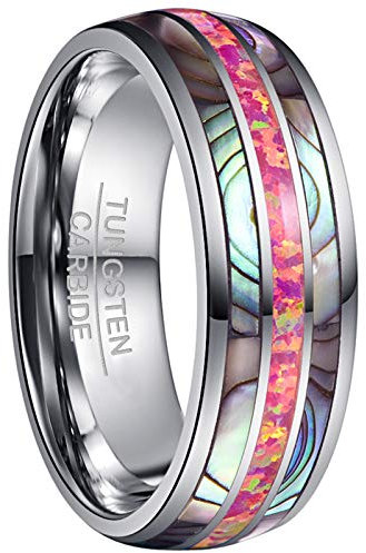 Vakki 8mm Ring Herren Damen Opal + Abalone Muschel Silber Wolfram Ehering Freundschaftsring Partnerring Größe 63 (20.1)