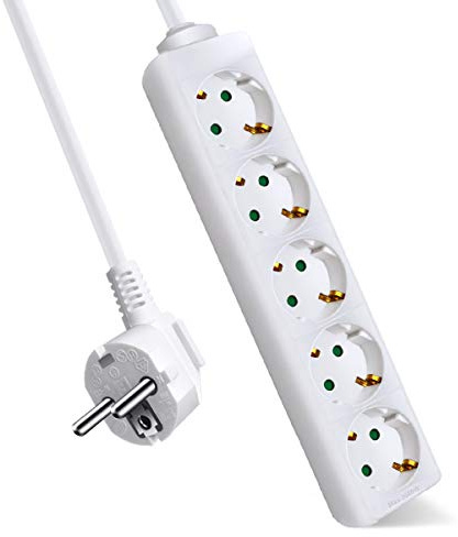 EXTRASTAR 5 Fach Steckdosenleiste mit Kindersicherung, 5m Kabel, 3680W,Weiß | Mehrfachsteckdose 3G1.5mm² für Büro und Zuhause