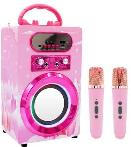 Kidsonor Kids Bluetooth Karaoke Machine with 2 Microphones, Wireless Rechargeable Remote Control Portable Karaoke Speaker Music MP3 Player Loudspeaker with Microphones for Kids (Pink)