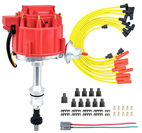MAS Performance HEI Ignition Distributor w/Cap & Rotor and Spark plug Wire set Compatible with Ford 351 400 460 HEI 65000 Volt Coil KA-1046013 PE332U JM6506BL 351CBLHEI0(Red HEI Kit)