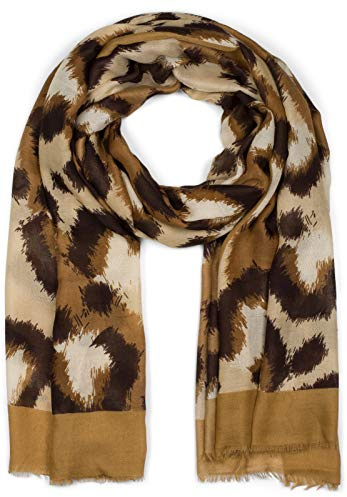 styleBREAKER Bufanda de mujer con estampado abstracto de leo y flecos cortos, bufanda ligera, estola 01016207, color:Marrón-Beige