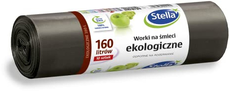 Stella 004195 Lot de 10 sacs poubelle Eko 160 l | Sacs poubelle pour les ordures ménagères, le bureau en film de régranulés épais en polyéthylène basse densité Couleur : noir