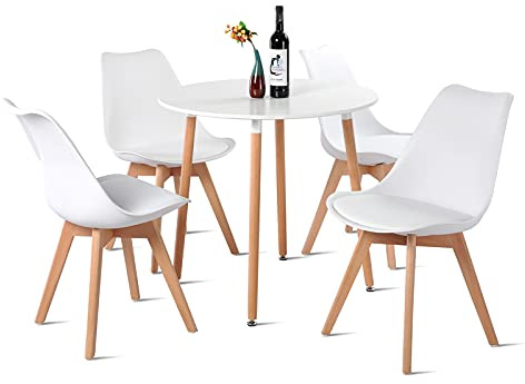 H.J WeDoo Esstisch mit 4 Stühle Essgrupp Holztisch und Weiß Skandinavisches Stuhl Esstisch Set für Esszimmer Küche 80cm