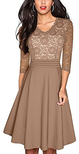 HOMEYEE vintage 3/4-ärm blommig klänning för tjejer, spetsbroderi, cocktail, utsvängd, A062, Brun, M