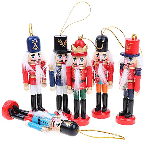 6 Pcs Nutcracker Soldier Christmas Wooden Nutcracker Soldier 12cm Tall Christmas Nutcracker Ornaments Wooden Nutcracker Figures Puppet Toy Christmas Tree Hanging Decorations for Xmas Home Decor Gifts