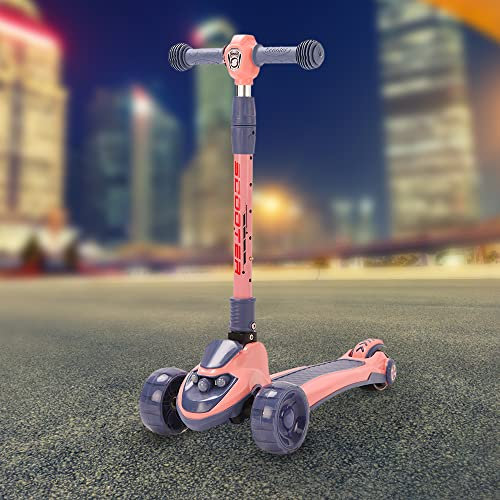 Kinderroller mit 3 Rädern, Tretroller für Kinder, mit LED-Leuchträdern und verstellbarem Lenker, höhenverstellbar von 70 – 75 – 81 cm, faltbar, 2 bis 8 Jahre (Licht und Musik – Rosa)