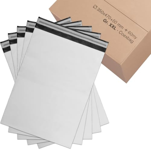 verpacking Versandbeutel 350x470 mm Weiß/Schwarz [Größe und Stückzahl wählbar] Blickdicht Coex Versandtaschen für Kleidung selbstklebend Verpackungstüten Folienversandtaschen 200 Stück