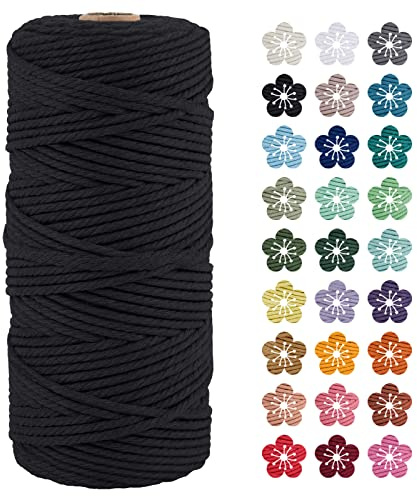 LEREATI Makramee Garn 3mm x 100m Schwarz Baumwollkordel Natur Baumwollseil Farbig Baumwollgarn, Macrame Cord 3mm für DIY Geflochten, Makramee Deko, Hängepflanze, Wandbehang, Vorhang