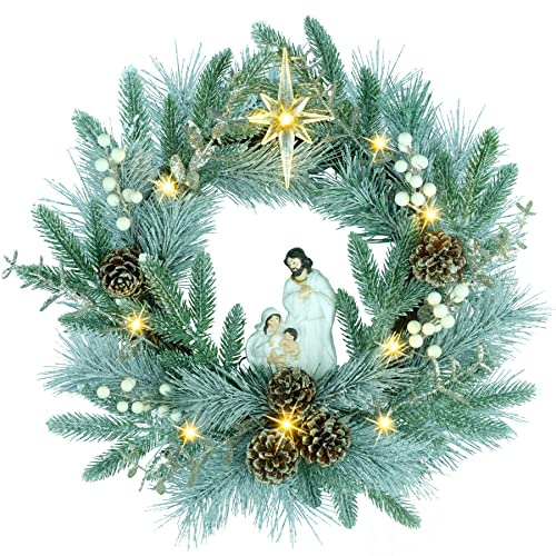 YULETIME 50,8 cm beleuchteter Krippenkranz, batteriebetrieben mit 10 Lichterketten, Krippenstatue der Heiligen Familie, Stern von Bethlehem, Tannenzapfen, weißer Mistelzweig, bereifte Fichtenzweige