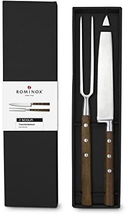 ROMINOX Geschenkartikel Tranchierbesteck // Scolpi, 2-teiliges Profi-Set mit Messer & Fleischgabel, handgefertigte Pfirsichholz-Griffe, scharfe Edelstahlklinge für feine Schnitte; ca. 32 x 3 x 1.5 cm