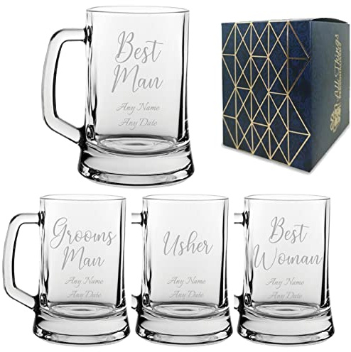 Personalised Engraved Wedding Guest Tankard Beer Mug, Best Man, Grooms Man, Best Woman, Maid of Honour, Chief Bridesmaid, Any Text, 16.7oz/495ml Glass Tankard, Handwritten Font
