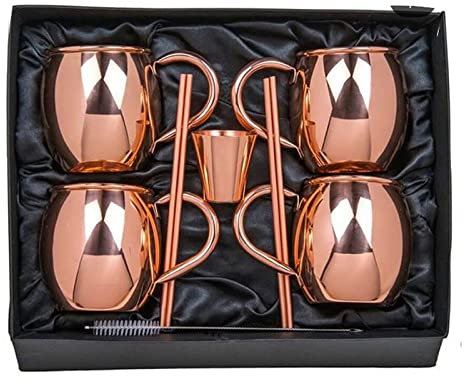 Vintage Gourmet Moscow Mule Set of 4 Handmade Pure Indian Copper Mug Smooth Polished 20 Oz Astro with Bonus Brushes & Shot Glass and Copper Straws Discover Amazing Ayurvedic Health Benefits Today
