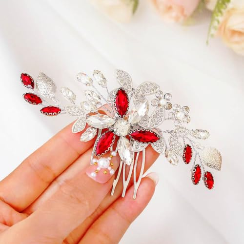 IYOU Accesorios para el pelo para boda para mujer, cristal rojo, joyería nupcial, accesorios para el cabello para novia y dama de honor