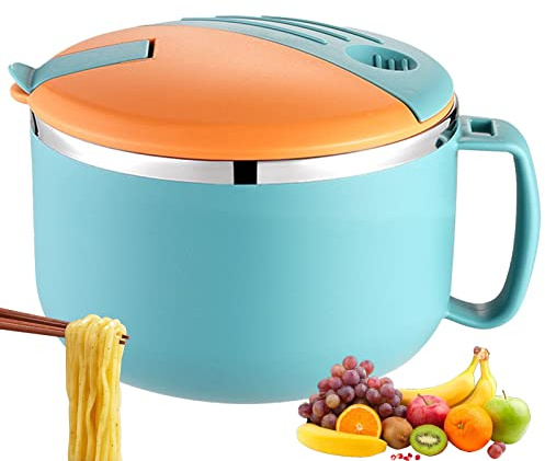 SYFUNLV Cuenco para pasta instantáneo, acero inoxidable, 18 x 15 x 12 cm, cuenco para cereales con asa y tapa, gran capacidad 1300 ml, hueco, doble capa (verde)