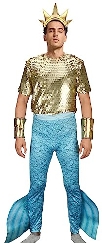 Funhoo Herren Triton König Kostüm Merman Krone Meergott Poseidon Wassermann Fischschwanz Halloween Cosplay Verkleidung Party Outfits für Erwachsene (L)