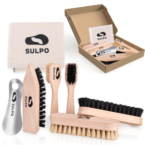SULPO Schuhbürsten Set 7 teiliges - Leder - Schuhputzset - 2 Tiegelbürsten weiche Borsten - 2 Polierbürsten weiche Borsten - 1 Schmutzbürste Harte Borsten - 1 Shoe Cleaning Cloth - Schuhlöffel 12cm.